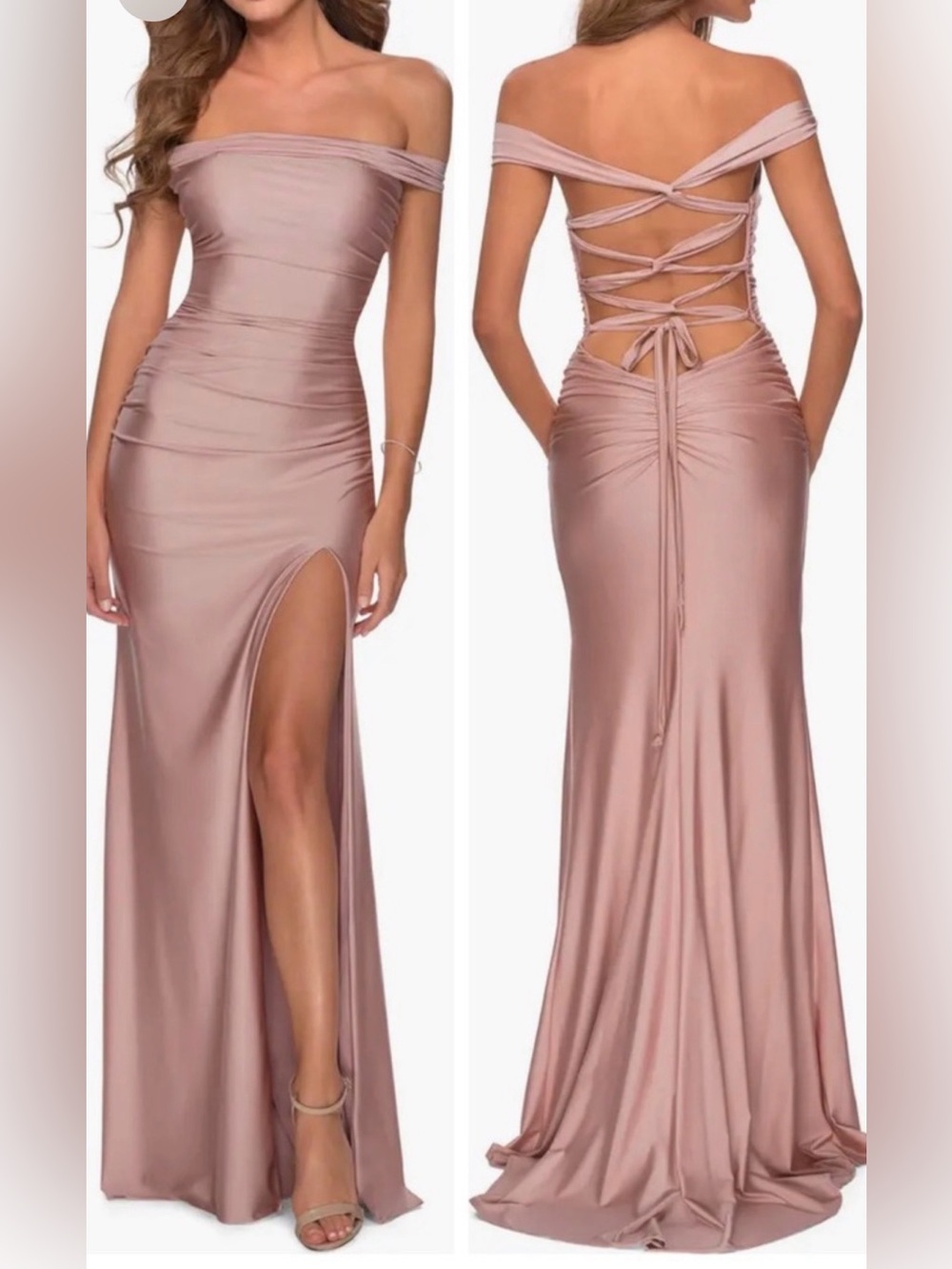La Femme 28506 Off the Shoulder Criss Cross Back Slit Jersey Gown 8